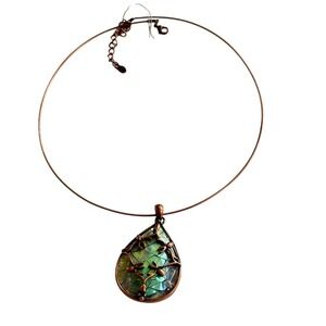 Monet Necklace abalone teardrop ornate copper floral Collar Rare Signed Earthy